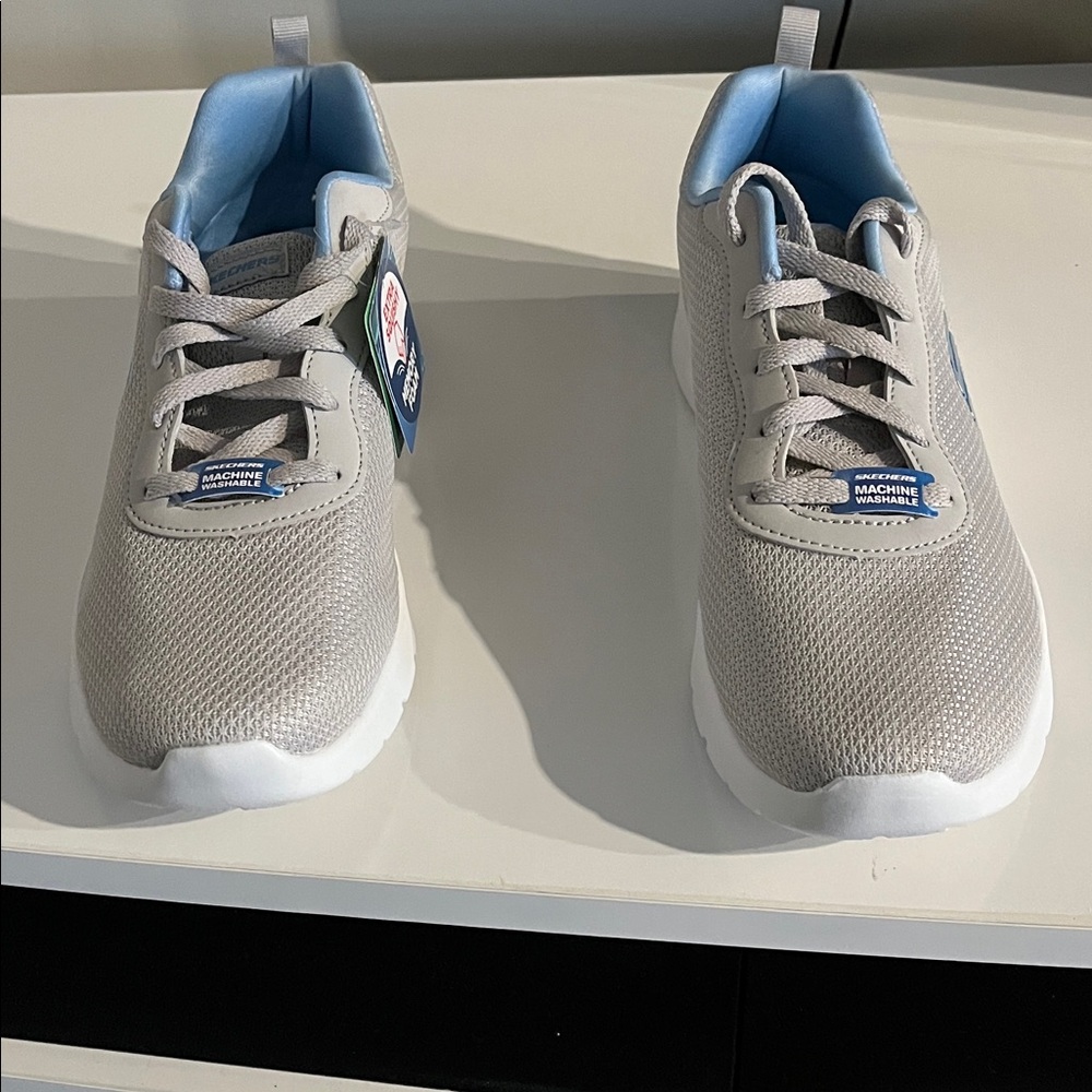 Skechers Women's Dynamite 2.0 Power Plunge Gray Sneakers with Blue Highlights